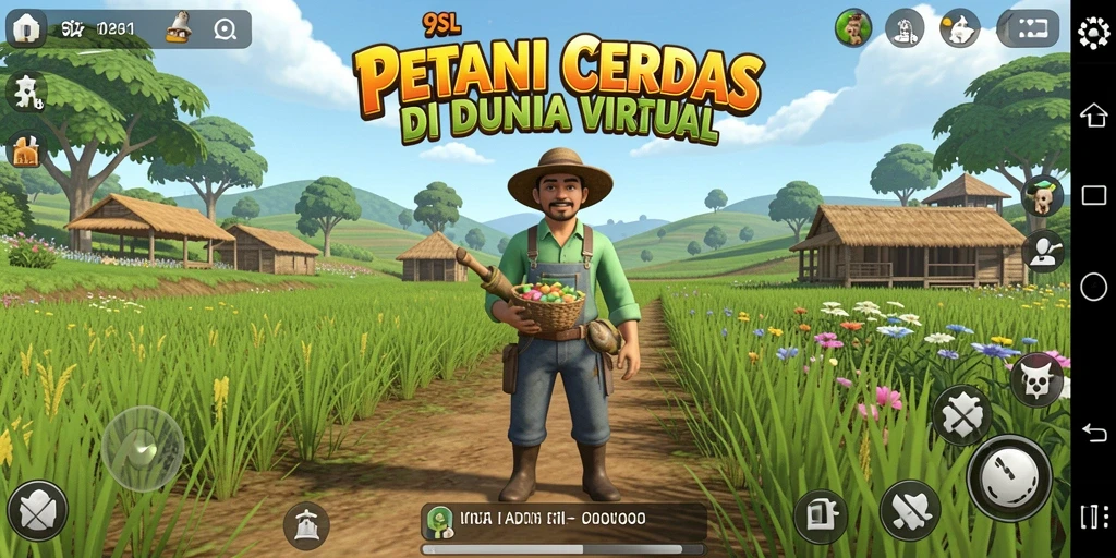 Screenshot 9SL menampilkan gameplay petani yang aktif di lahan pertanian.
