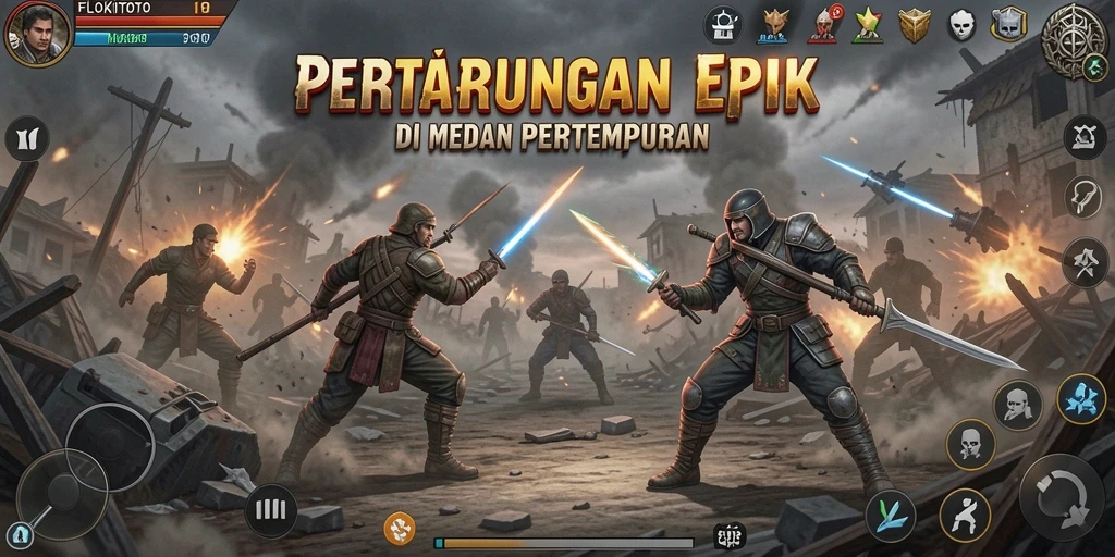 Screenshot utama FLOKITOTO menunjukkan aksi pertarungan Battle Royale yang intens.