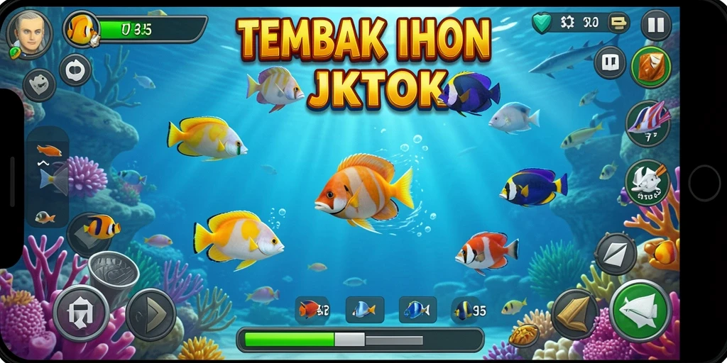 Screenshot gameplay JKTOK dengan aksi tembak ikan yang seru.