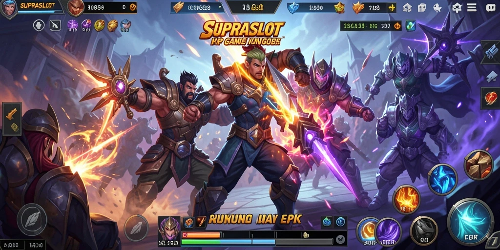 Screenshot gameplay <strong>SUPRASLOT</strong> menampilkan pertarungan tim yang seru dan strategis.