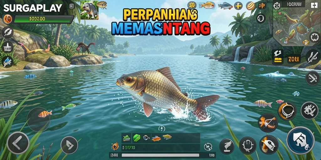 Tampilan gameplay SURGAPLAY yang menampilkan momen menangkap ikan.