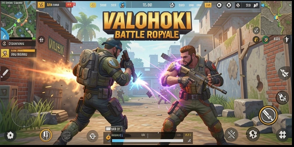 Screenshot utama VALOHOKI menampilkan pertempuran intens di medan perang Battle Royale.